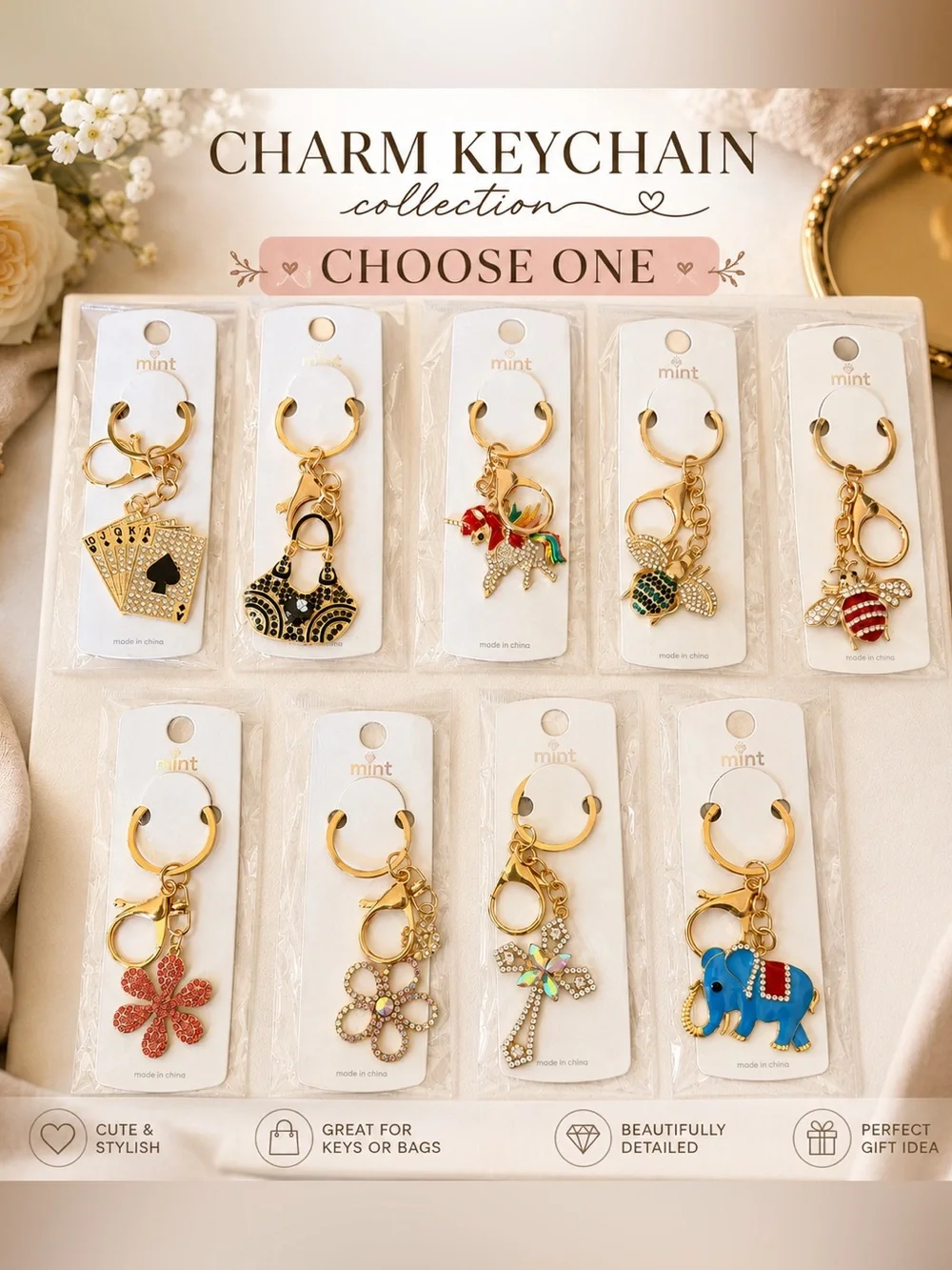 Mint Gold-Tone Assorted Rhinestone and/or Enamel Charm Keychains. CHOOSE ONE.